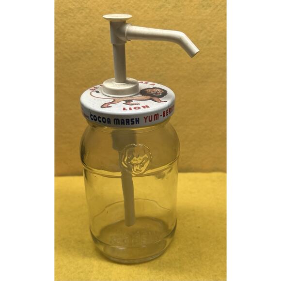 Vintage Cocoa Marsh Yum-Berry Flavor Pump Be Strong as a Lion With‎ Glass Jar - Picture 1 of 10